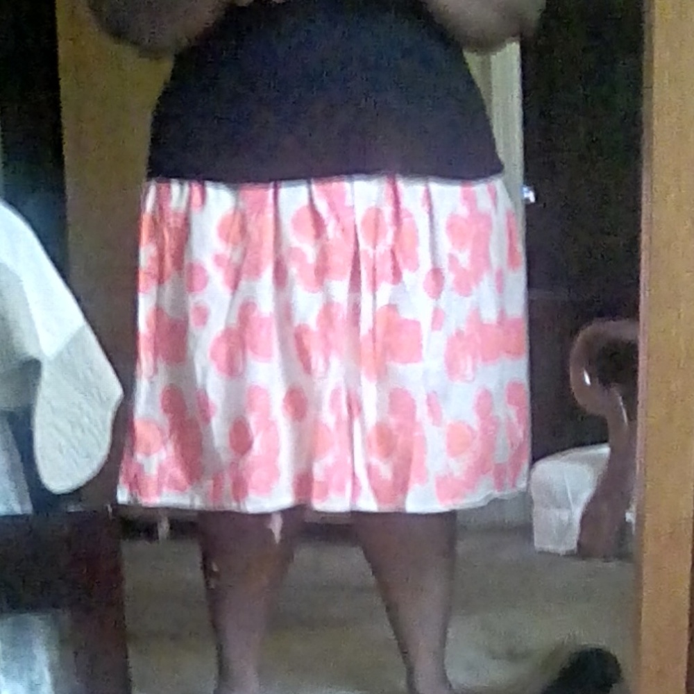 Khaki/cream, pink, and orange midi skirt